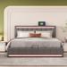 LED Platform Bed Storage Bed Frame with USB Ports and Sockets, Linen Fabric Upholstered Bed with Hydraulic Storage System