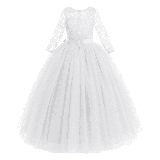 IBTOM CASTLE Flower Girls Long Floral Boho Lace Wedding Bridesmaid Dress 3/4 Sleeves Princess Puffy Maxi Tulle Pageant Formal Party Gowns 2-3 Years White