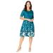 Plus Size Women's Ponte Flare Dress by Jessica London in Deep Teal Garden Border (Size 22 W)