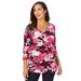 Plus Size Women's Stretch Cotton Scoop Neck Tee by Jessica London in Pink Burst Shadow Floral (Size 26/28) 3/4 Sleeve Shirt