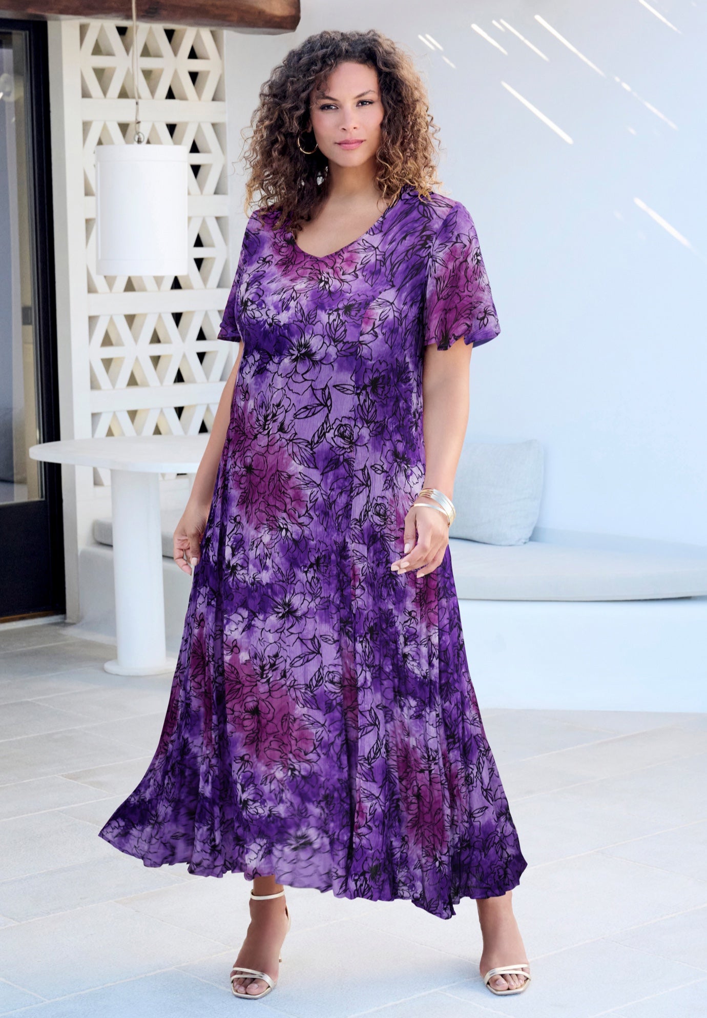 Plus Size Women's Plus Size Hand Crinkled Flutter-Sleeve Maxi Dress by Roaman's in Lavender Tie Dye Floral (Size 18/20)