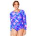 Plus Size Women's Chlorine Resistant Side-Tie Adjustable Long Sleeve Swim Tee by Swimsuits For All in Electric Purple Iris (Size 16)