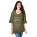 Plus Size Women's Fringed Crochet Sweater by Roaman's in Dark Olive Green (Size 1X)