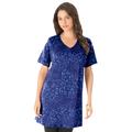 Plus Size Women's Short-Sleeve V-Neck Ultimate Tunic by Roaman's in Navy Blue Animal (Size L) Long T-Shirt Tee