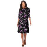 Plus Size Women's Ultrasmooth® Fabric Boatneck Swing Dress by Roaman's in Purple Rose Floral (Size 30/32) Stretch Jersey 3/4 Sleeve Dress