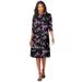 Plus Size Women's Ultrasmooth® Fabric Boatneck Swing Dress by Roaman's in Purple Rose Floral (Size 30/32) Stretch Jersey 3/4 Sleeve Dress