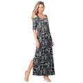 Plus Size Women's Ultrasmooth® Fabric Cold-Shoulder Maxi Dress by Roaman's in Black White Floral (Size 18/20) Long Stretch Jersey