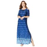 Plus Size Women's Ultrasmooth® Fabric Cold-Shoulder Maxi Dress by Roaman's in Blue Border Print (Size 30/32) Long Stretch Jersey