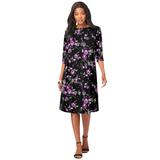Plus Size Women's Ultrasmooth® Fabric Boatneck Swing Dress by Roaman's in Purple Rose Floral (Size 26/28) Stretch Jersey 3/4 Sleeve Dress