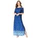 Plus Size Women's Ultrasmooth® Fabric Cold-Shoulder Maxi Dress by Roaman's in Blue Border Print (Size 14/16) Long Stretch Jersey