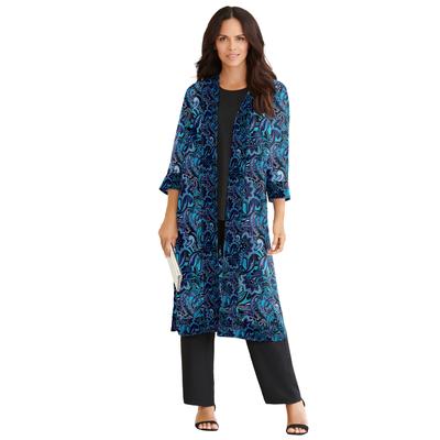 Plus Size Women's Three-Piece Duster & Pant Suit by Roaman's in Black Layered Paisley (Size 26 W) Formal Sheer Duster Pull On Wide Leg