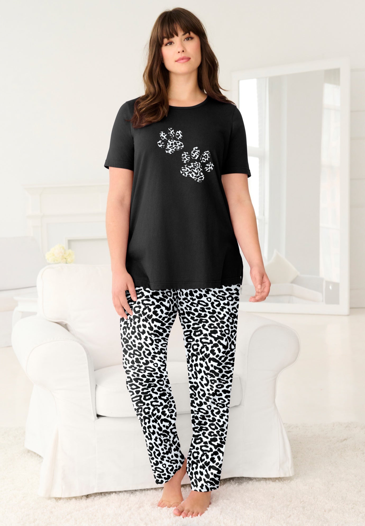 Plus Size Women's Graphic Tee PJ Set by Dreams & Co. in Black Animal Paw (Size 4X) Pajamas