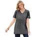 Plus Size Women's Perfect Printed Short-Sleeve Shirred V-Neck Tunic by Woman Within in Black Tonal Geo (Size 2X)