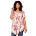 Plus Size Women's Swing Ultra Femme Tunic by Roaman's in Coral Watercolor Paisley (Size 42/44) Short Sleeve V-Neck Shirt