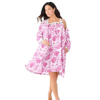 Plus Size Women's Short 2-Piece Cabbage-Rose Peignoir Set by Only Necessities in Pink Floral (Size 1X)