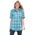 Plus Size Women's Short-Sleeve Button Down Seersucker Shirt by Woman Within in Deep Teal Camp Plaid (Size 1X)