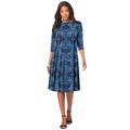 Plus Size Women's Ultrasmooth® Fabric Boatneck Swing Dress by Roaman's in Blue Mirrored Medallion (Size 38/40) Stretch Jersey 3/4 Sleeve Dress