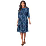 Plus Size Women's Ultrasmooth® Fabric Boatneck Swing Dress by Roaman's in Blue Mirrored Medallion (Size 38/40) Stretch Jersey 3/4 Sleeve Dress