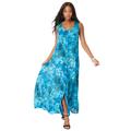 Plus Size Women's Button-Front Crinkle Dress with Princess Seams by Roaman's in Deep Turquoise Tie Dye Floral (Size 14/16)
