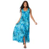 Plus Size Women's Button-Front Crinkle Dress with Princess Seams by Roaman's in Deep Turquoise Tie Dye Floral (Size 14/16)