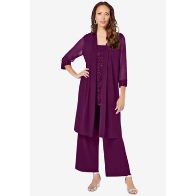 Plus Size Women's Three-Piece Lace & Sequin Duster Pant Set by Roaman's in Dark Berry (Size 30 W) Formal Evening