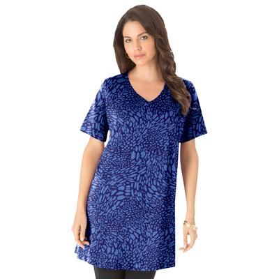Plus Size Women's Short-Sleeve V Neck Ultimate Tunic by Roaman's in Navy Blue Animal (Size M) Long T-Shirt Tee