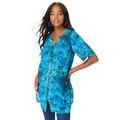 Plus Size Women's Short-Sleeve Angelina Tunic by Roaman's in Deep Turquoise Tie Dye Floral (Size 30 W) Long Button Front Shirt