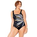 Plus Size Women's Chlorine Resistant Square Neck Tummy Control One Piece Swimsuit by Swimsuits For All in Black Gold Starburst (Size 24)