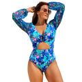 Plus Size Women's Cup Sized Chiffon Sleeve One Piece Swimsuit by Swimsuits For All in Blue Watercolor Floral (Size 20 D/DD)