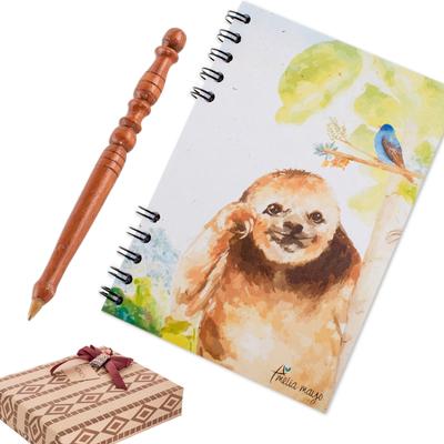 'Sloth-Themed Paper Journal and Wood Pen Curated Gift Set'