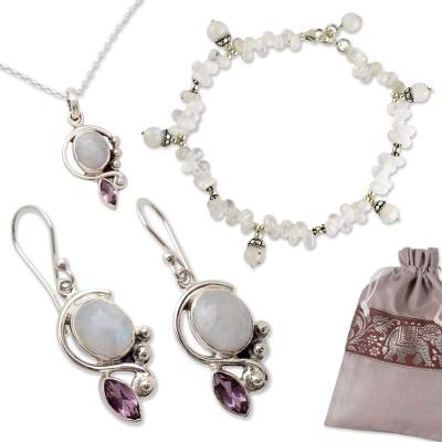 Twilight Mirage,'Rainbow Moonstone Earrings Necklace Anklet Curated Gift Set'