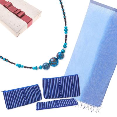 Something Blue,'Curated Gift Set with Necklace 2 Scarves and 3 Cosmetic Bags'