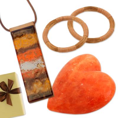 Orange Passion,'Orange Sculpture Necklace and 2 Bracelets Curated Gift Set'
