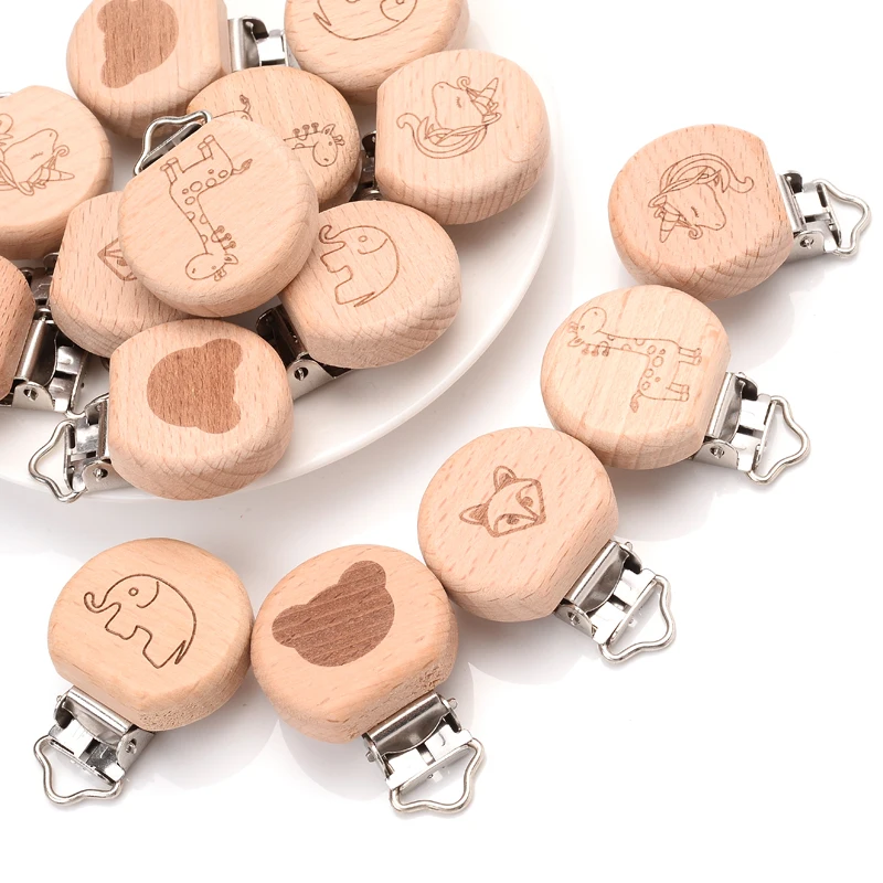 5 pièces Animal petit éléphant coeur motif sucette Clips hêtre bois attache-sucette pour bébé bricolage sucette chaîne accessoires