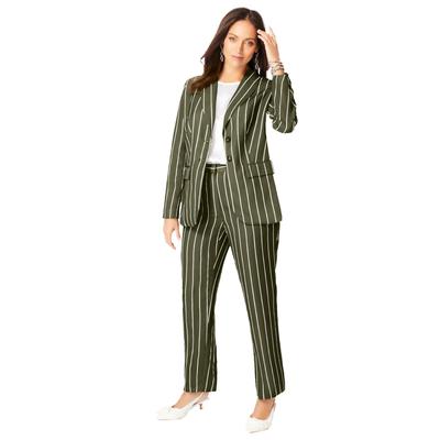 Plus Size Women's 2-Piece Stretch Crepe Single-Breasted Pantsuit by Jessica London in Dark Olive Green Pinstripe (Size 24 W) Set
