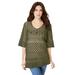 Plus Size Women's Fringed Crochet Sweater by Roaman's in Dark Olive Green (Size L)