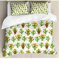 ABAKUHAUS Cinco de Mayo Duvet Cover Set, Cactus Characters Fun, Bedding Set 3 Pieces with 2 Pillow Shams, 200 x 200 cm - 70 x 50 cm, Lime Green White Mustard