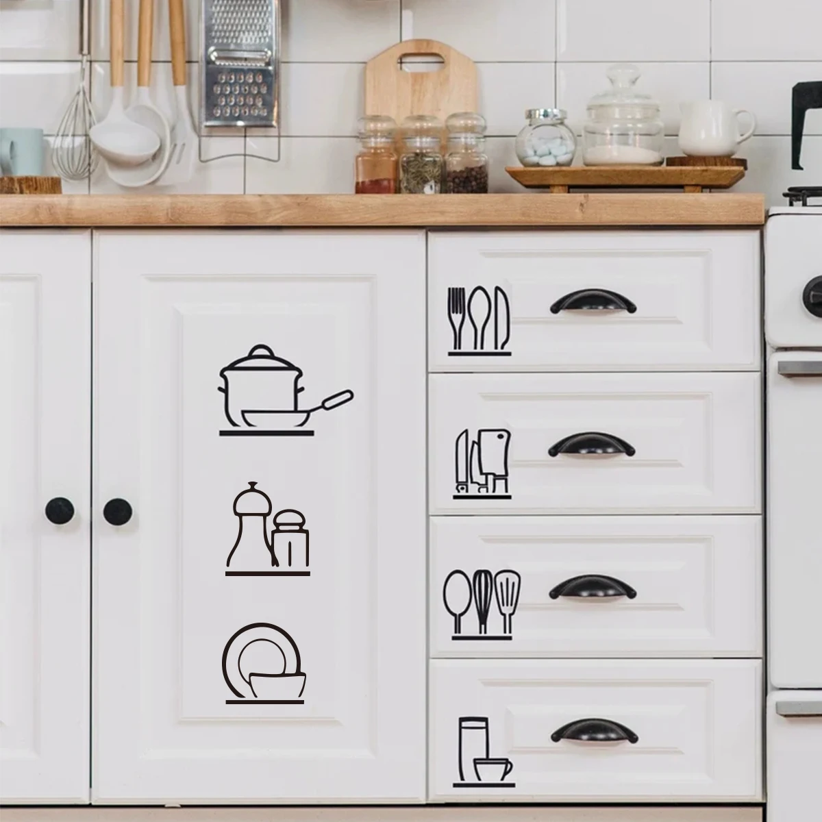 Autocollants muraux de décoration d'ustensiles de cuisine, 1 pièce, autocollants muraux en vinyle auto-adhésifs adaptés à la décoration de la cuisine et de la salle, bricolage