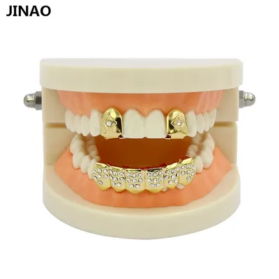 JINAO Männer & Frauen Hip Hop Gold Farbe Überzogen Mund Grillz Set CZ Strass 2 stücke Einzigen Top &