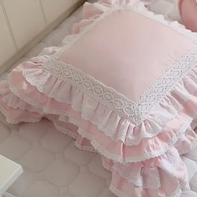 Rosa europäischer bestickter Kissenbezug mit Rüschen, Spitze, Satin, Baumwolle, Kissenbezug, Image