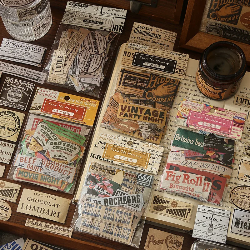 100 Stück Vintage-Etiketten, Aufkleber-Set, Retro, dekorative Collage, Scrapbooking, Tagebuch, Album, handgefertigt, Junk Journal Supplies Image