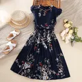 Mädchen Sommerkleid Spitze Manschetten Vintage Print Kleid süßen Falten rock Kinder kleidung