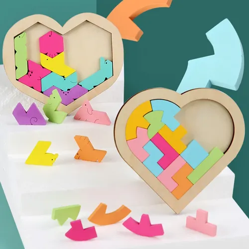 Kinder Holz 3D Puzzle Spiel bunte Puzzle Tangram Mathe Spielzeug Herzform Baby Montessori