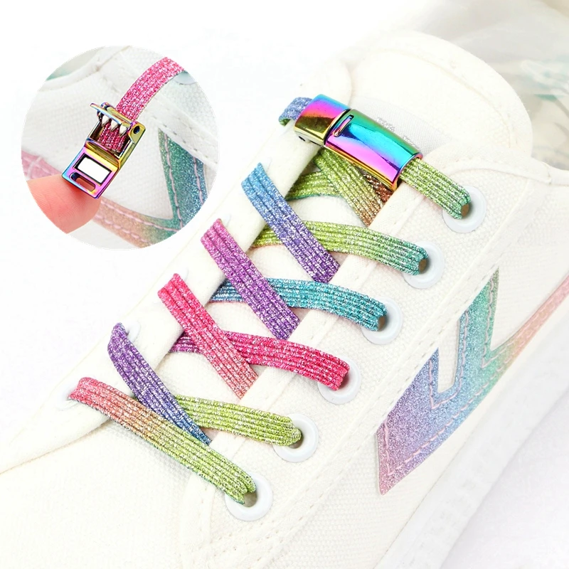 Regenbogen-Flachschnürsenkel, magnetisch, Metallverschluss, keine Bindung, Schnürsenkel, elastisch, geeignet für alle Schuhe, Turnschuhe, Lazy Shoes, Spitze, 1 Paar Image