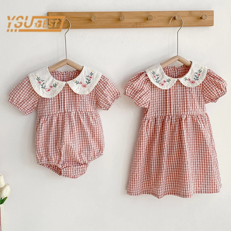 Kleinkind Baby Mädchen Grid Stickerei Kleider Sommer Mädchen Baby Romper Kleinkinder Baumwolle Kurzarm einteiliges Strampler Image