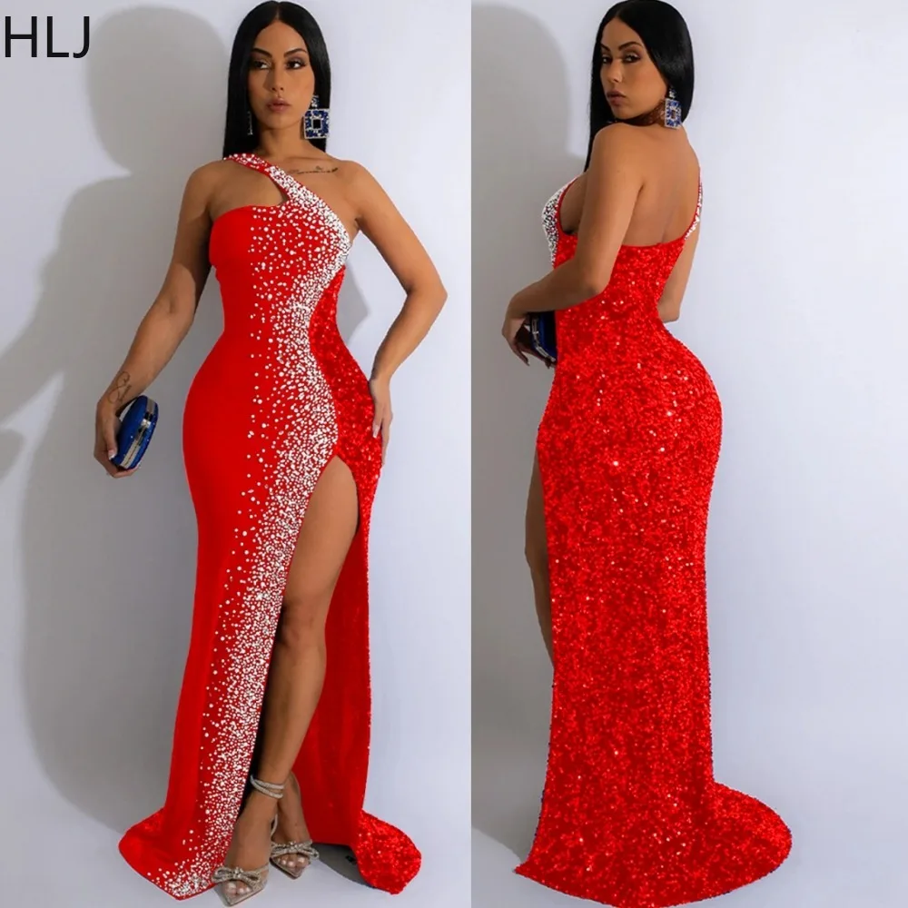 HLJ Moda Una Spalla Strass Abiti da Festa da Sera Donna Senza Maniche con Paillettes Abito da Pavimento con Spacco Alto Abiti Aderenti Sexy