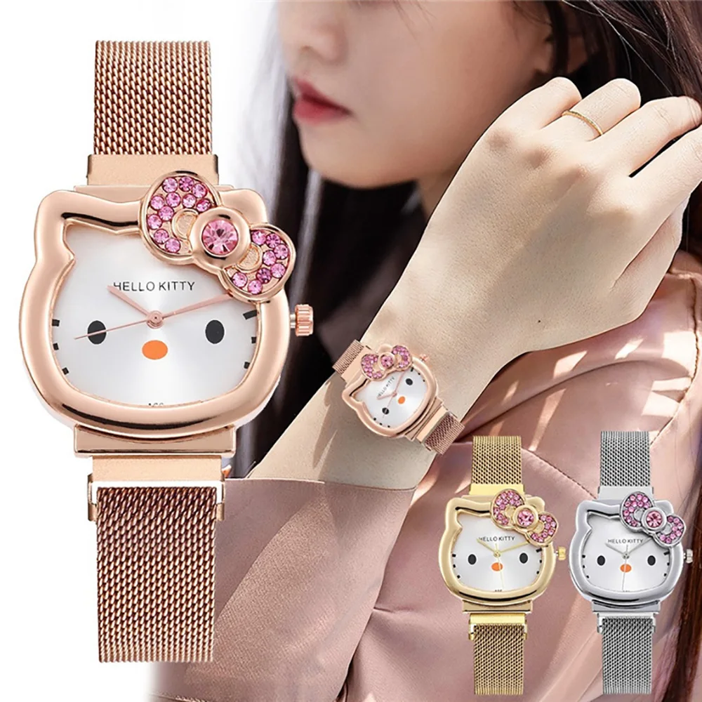 Orologio con diamanti con cinturino magnetico Hellokitty Orologio da polso con cartoni animati Sanrio Orologio semplice da donna Orologio anime Kawaii Regalo di Natale per bambini