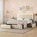 Americana Queen Size Diamond Pattern & Buttons Decorate Upholstered Platform Bed Frame with 4 Drawers & LED Headboard, Beige