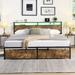 Rustic Style Queen Platform Bed Frame with LED Headboard & 2 Drawer & Charging Station, Metal Slats Support, Antique brown