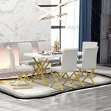 Modern 7-Piece Dining Set: Rectangular Faux Marble Table, PU Leather Chairs with Gold Steel Legs